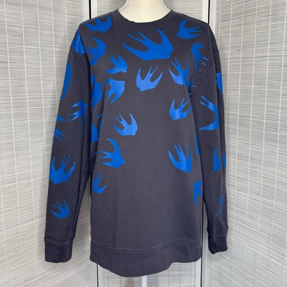 Alexander McQueen Sweatshirt Gray Blue Swallow Print Cotton Luxury Size L